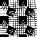 Monochrome seamless pattern, white contours of leaves, black squares, grid. Hand drawn