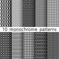 10 monochrome seamless patterns for universal background. Black Royalty Free Stock Photo