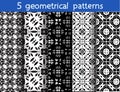 5 monochrome seamless patterns for universal background. Royalty Free Stock Photo