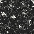 Monochrome seamless vector pattern with hand drawn white lilies and leaves isolated on black background. Floral design template