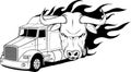 Monochrome semi truck with head bull and flames vector illustration on white background Royalty Free Stock Photo