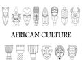 Monochrome set of 14 African masks and drums in lines