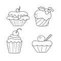 Monochrome set of icons, delicious cupcakes with delicate cream and berries, vector cartoon Royalty Free Stock Photo