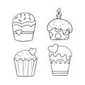 Monochrome set of icons, delicious cupcakes with delicate cream with a heart and a candle, vector Royalty Free Stock Photo