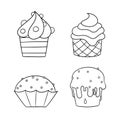 Monochrome set of icons, delicious cupcakes with delicate cream and sugar crumbs, vector cartoon Royalty Free Stock Photo