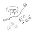 Monochrome set of illustrations, leather dog collar with tag, walking leash, vector cartoon