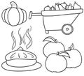 Monochrome set of pictures on the theme of the autumn harvest, beautiful cute pumpkins and apples in cartoon