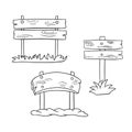 Monochrome Set of pictures, various old wooden signs on a pole, vector cartoon