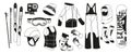 Monochrome Set of Snowboarding Equipment. Board, Bindings, Boots, Skis, Clothes, Helmet, Goggles and Action Camera