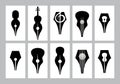 Monochrome set of templates for business card with nib, guitar, violin, treble clef