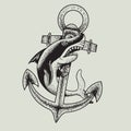 Monochrome shark and anchor vector illustration