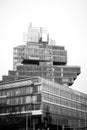 Monochrome shot of modern building against sky Royalty Free Stock Photo