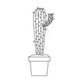 Monochrome silhouette with cactus with small branch in pot