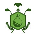 monochrome silhouette emblem with olive branchs with crown and golf sticks and trophy cup