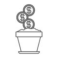 Monochrome silhouette of flower pot with set of coins Royalty Free Stock Photo