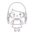 Monochrome silhouette of kawaii little girl with braided hair and facial expression wink eye