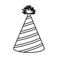 Monochrome silhouette of party hat with diagonal lines decoratives