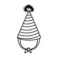 Monochrome silhouette of party hat with thick lines around decoratives