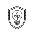 Monochrome silhouette with shield with light bulb with filament leaves