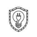 Monochrome silhouette with shield with light bulb with filament power cord