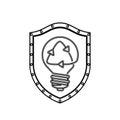 Monochrome silhouette with shield with light bulb with filament recycling Royalty Free Stock Photo