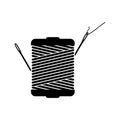 monochrome silhouette with thread spool and sewing needle