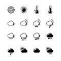 Monochrome silhouettes of weather icons set. Cloudy, sunny and rainy days. Climate visualization