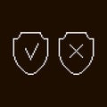 Simple vector flat pixel art set of two white shields with tick and cross icons on it Royalty Free Stock Photo