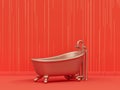 Monochrome single color red bathtub 3d Icon in orange background interior room with striped pattern, 3d rendering