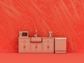 Monochrome single metallic gold color counter top with dishwasher in orange background interior room with wave pattern,single