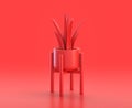 Monochrome single red color house plant with four legs pot in red background,single color, 3d Icon, 3d rendering