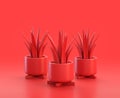 Monochrome single red color house plant with four legs pot in red background,single color, 3d Icon, 3d rendering