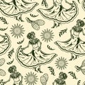 Monochrome skeleton dancer seamless pattern