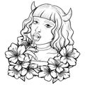 monochrome sketc devil girl candy with flower character tdattoo and tshirt design Royalty Free Stock Photo