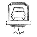 monochrome sketch of automobile front in heraldic frame with ribbon