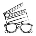 monochrome sketch with clapperboard cinema and 3D cinema glasses