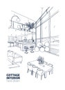 Monochrome sketch of modern country house or summer cottage interior full of trendy furniture. Kitchen and dining room