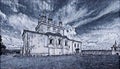 Monochrome sketch photographic art picture of famous Goritsky orthodox monastery under blue cloudy sky in summer
