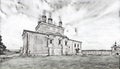 Monochrome sketch photographic art picture of famous Goritsky orthodox monastery under blue cloudy sky in summer