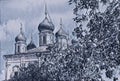 Monochrome sketch photographic art picture of famous Goritsky orthodox monastery under blue cloudy sky in summer