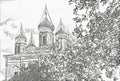 Monochrome sketch photographic art picture of famous Goritsky orthodox monastery under blue cloudy sky in summer