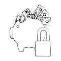 monochrome sketch of piggy bank with credit card and bills and coins protected