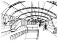 Monochrome sketch with railway station. Black and white illustration with modern fast trains and passengers. Hand drawn