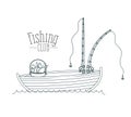 Monochrome sketch silhouette boat fishing club and bucket full with fish Royalty Free Stock Photo