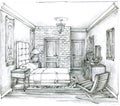 Monochrome sketch of a Traditional Bedroom. Pencil drawing of a classic bedroom interior.