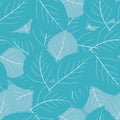 Monochrome sky blue aspen leaf seamless vector pattern background. Overlapping scattered hand drawn leaves textural