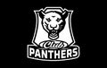 Monochrome sticker, sport logo with panther mascot. Black and white emblem with the head of a panther mascot on the Royalty Free Stock Photo