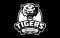 Monochrome sticker, sport logo with tiger mascot. Black and white emblem with the head of a tiger mascot on the Royalty Free Stock Photo