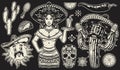 Monochrome stickers set with Mexican waitress
