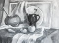 Monochrome still life with pot, kettle and fruits